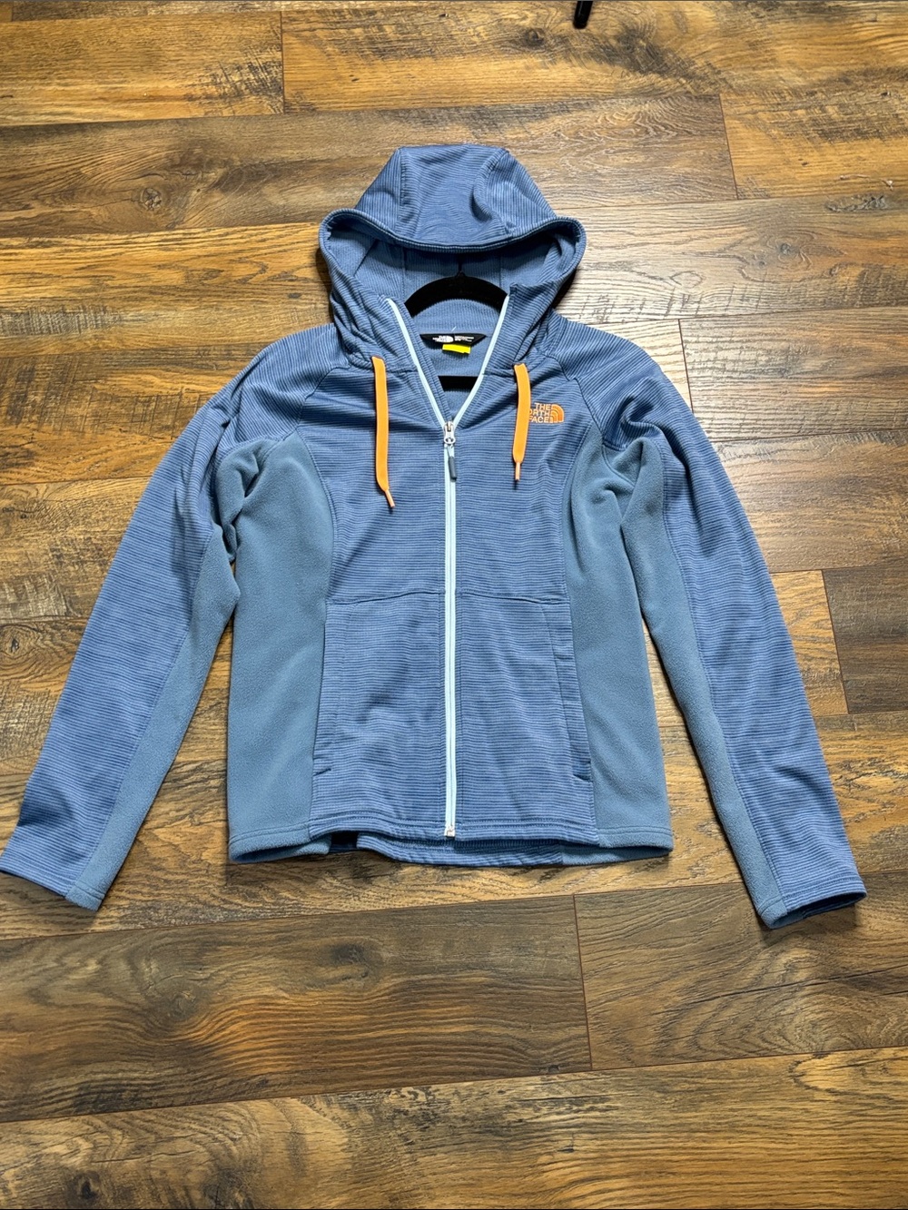The North Face Blue Hooded Zip Fleece with Orange Drawcords